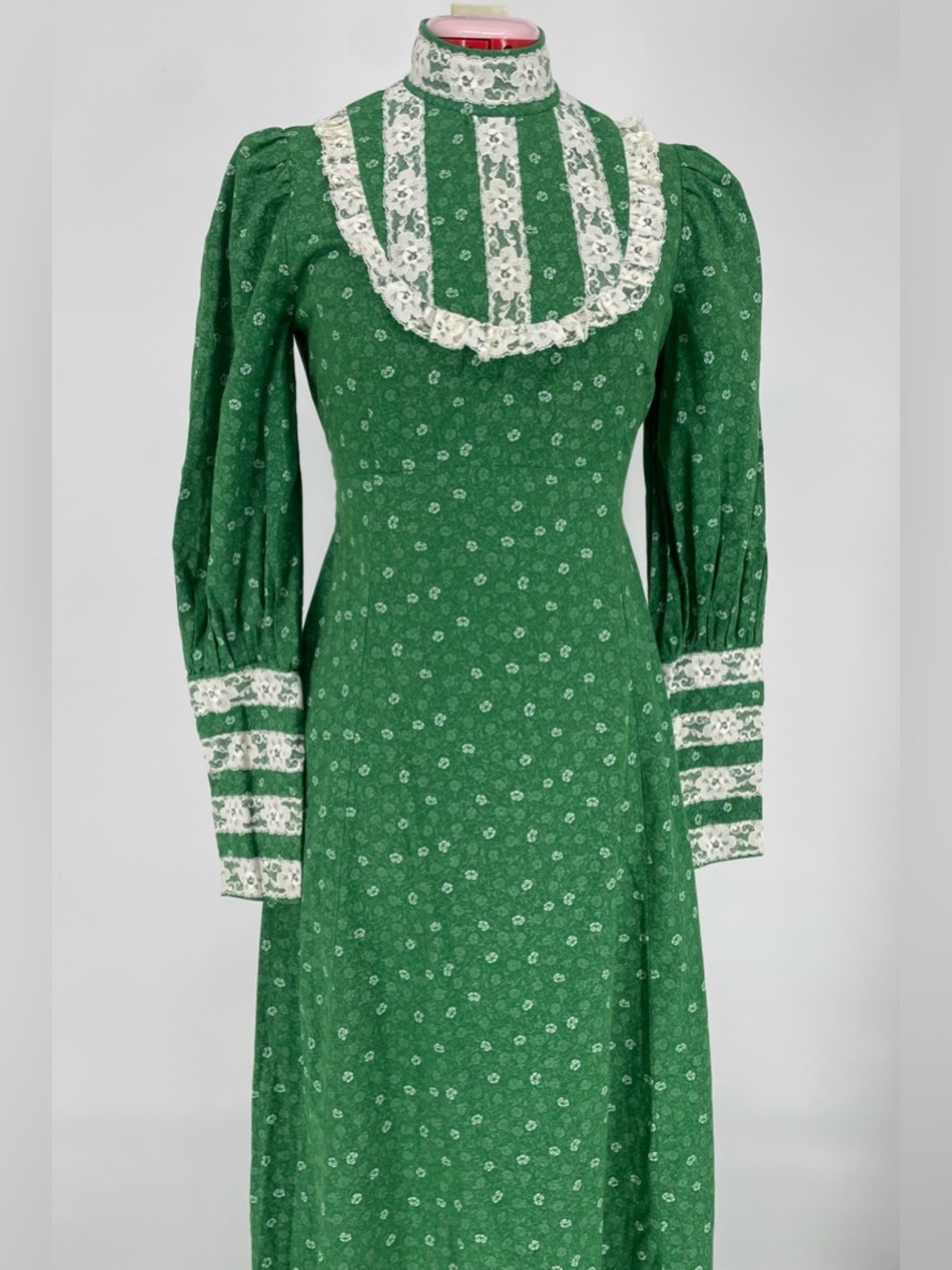 1970s Green High Neck Voluminous Long Sleeve Handmade Prairie Dress Lace Accents - Picture 2 of 15